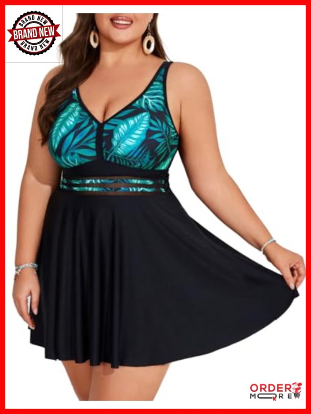 Plus Size Tankini Swim Dress with Boyshorts - Two Piece Mesh Front Bathing Suit